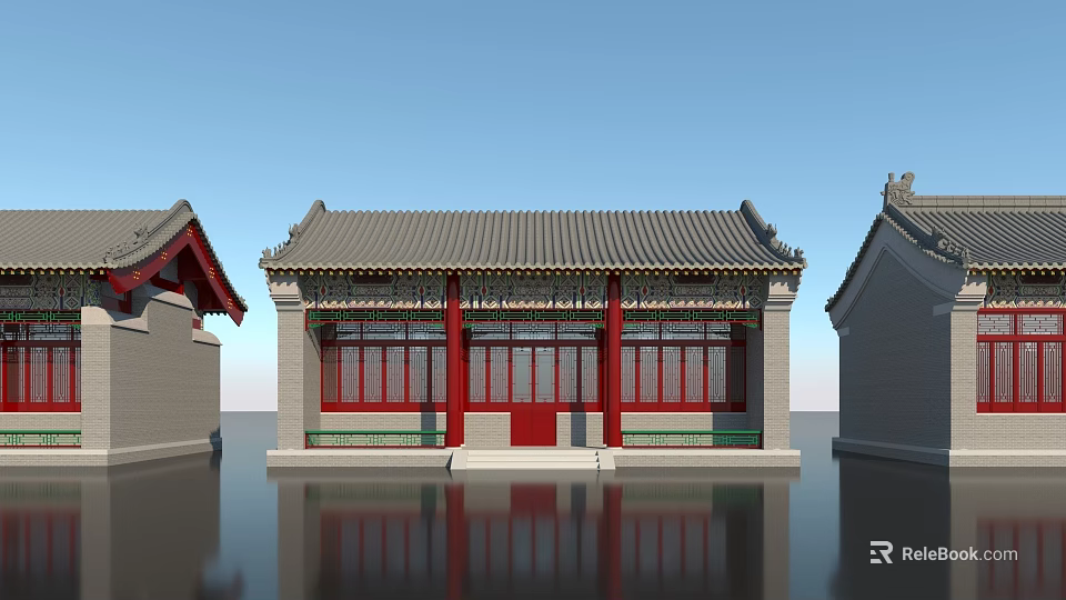 Traditional Ancient Chinese Architecture With Gray Tile Roof Red Pillars And Red Door 3d model 