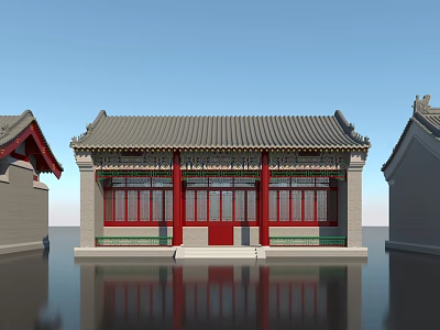 Traditional Ancient Chinese Architecture With Gray Tile Roof Red Pillars And Red Door 3d model