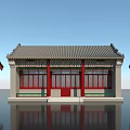 Traditional Ancient Chinese Architecture With Gray Tile Roof Red Pillars And Red Door