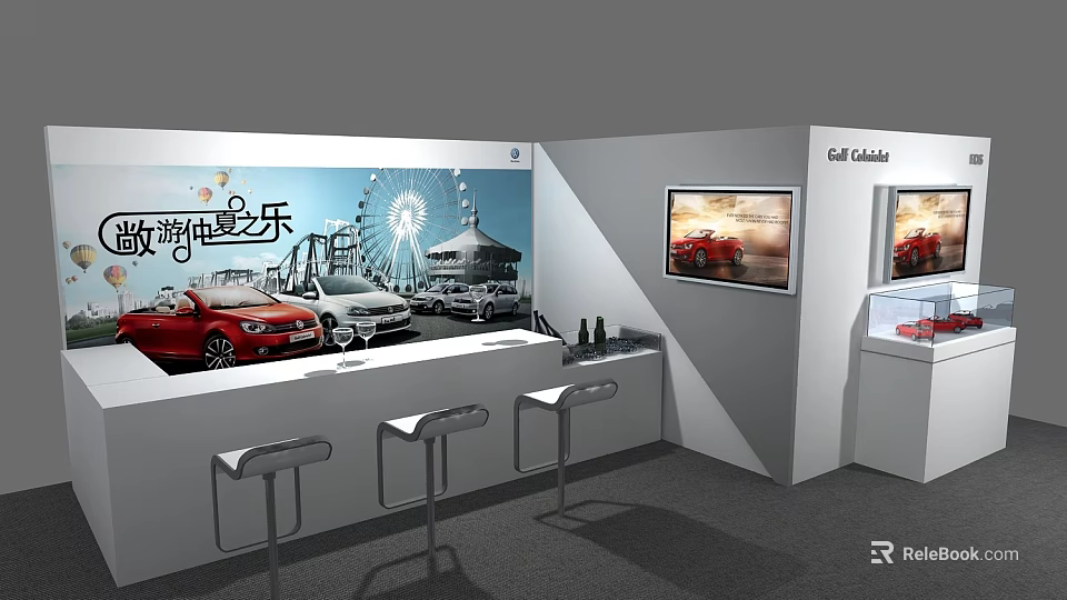 Car Exhibition Display Shelves Featuring Cadillac Models And High Stools With Scenic Backdrop 3d model 