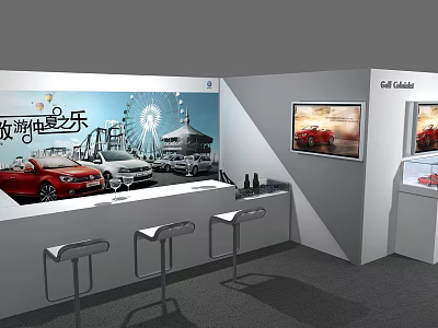 Car Exhibition Display Shelves Featuring Cadillac Models And High Stools With Scenic Backdrop 3d model