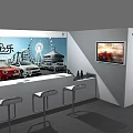 Car Exhibition Display Shelves Featuring Cadillac Models And High Stools With Scenic Backdrop