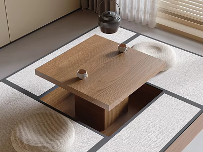 Japanese Style Wooden Tea Table with Floor Cushions Tea Cups and Teapot on Woven Mat 3d model