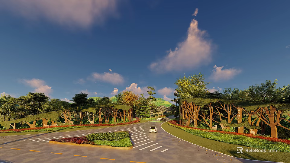 Scenic Park Landscape With Winding Road Greenery Trees And Blue Sky 3d model 