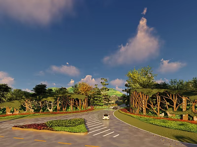 Scenic Park Landscape With Winding Road Greenery Trees And Blue Sky 3d model