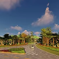 Scenic Park Landscape With Winding Road Greenery Trees And Blue Sky