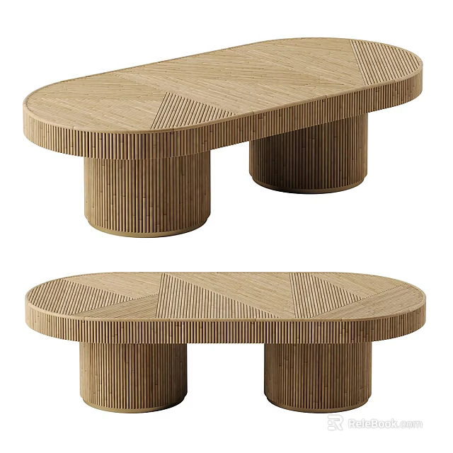 Wooden Oval Coffee Table With Textured Surface And Cylindrical Legs Design 3d model 