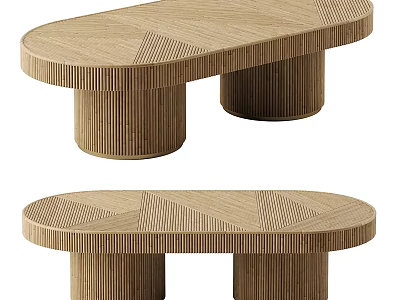 Wooden Oval Coffee Table With Textured Surface And Cylindrical Legs Design 3d model