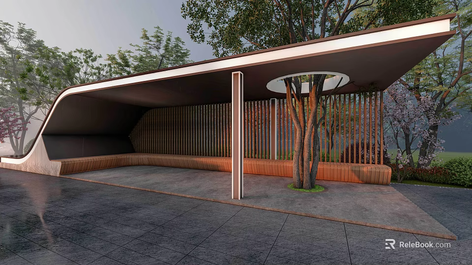 Modern Pergola With Curved Roof Supporting Columns Wooden Slat Screen And Central Tree 3d model 