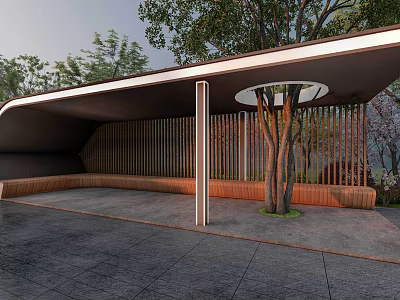 Modern Pergola With Curved Roof Supporting Columns Wooden Slat Screen And Central Tree 3d model