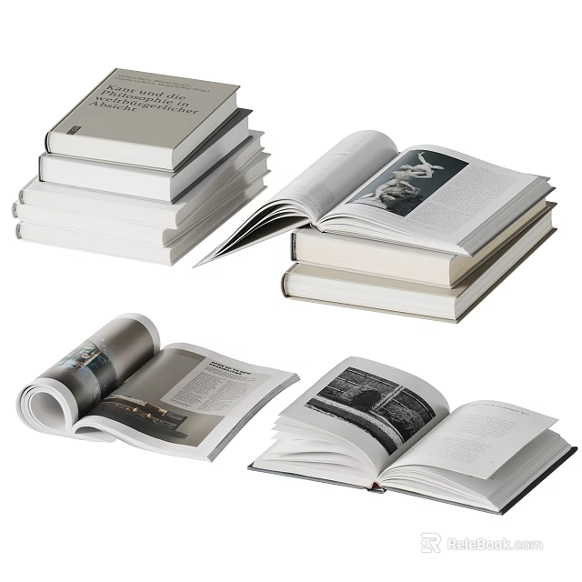 Stacked And Open Books Magazines Displayed With Visible Pages And Content 3d model 