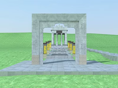 Stone Landscape Pavilion With Square Frame Columns Yellow Lanterns On Green Grassland Stone Pavement 3d model