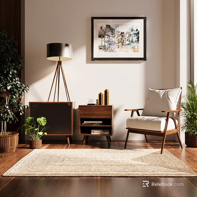 Plush Lounge Chair With Wooden Legs Upholstered Cushion Floor Lamp Plants Wall Art On Rug 3d model 