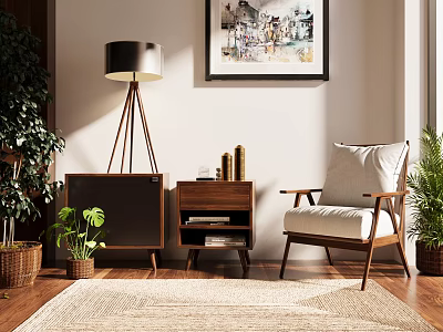 Plush Lounge Chair With Wooden Legs Upholstered Cushion Floor Lamp Plants Wall Art On Rug 3d model
