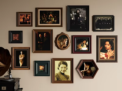 Wall Display of Portrait Paintings With Various Frames And Vintage Gramophone 3d model