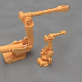 Two Orange Industrial Robotic Arm Mechanical Models on Gray Background 3d model