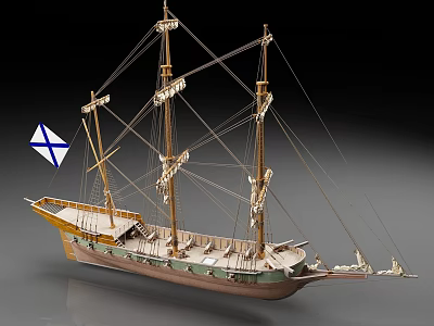 Vintage Wooden Sailboat Model With Tall Masts And Blue White Flag 3d model