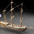 Vintage Wooden Sailboat Model With Tall Masts And Blue White Flag