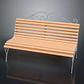Wooden Slat Garden Bench With Ornate Metal Backrest And Curved Legs