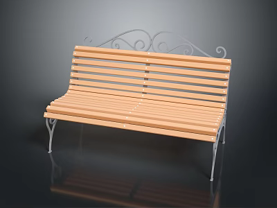 Wooden Slat Garden Bench With Ornate Metal Backrest And Curved Legs 3d model