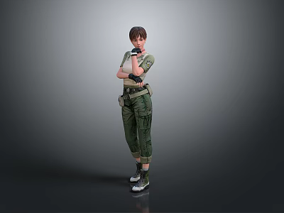 Short Hair Female Game Character In Green Military Outfit With Arms Crossed And Waist Gear 3d model