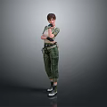 Short Hair Female Game Character In Green Military Outfit With Arms Crossed And Waist Gear
