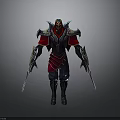Man In Ornate Red And Blue Armor Holding Dual Swords Standing Pose