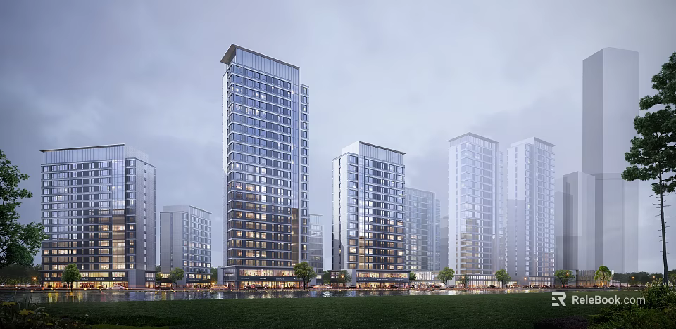 Modern High Rise Residential Buildings With Glass Facades And Surrounding Greenery 3d model 