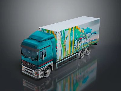 Teal Mercedes-Benz Truck With Colorful Forest Graphics On Trailer White Roof And Reflective Surface 3d model