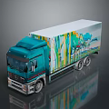 Teal Mercedes-Benz Truck With Colorful Forest Graphics On Trailer White Roof And Reflective Surface