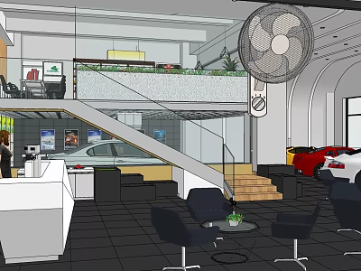 Car Dealership Showroom Interior With Reception Desk Displayed Cars Staircase And Waiting Area 3d model