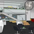 Car Dealership Showroom Interior With Reception Desk Displayed Cars Staircase And Waiting Area