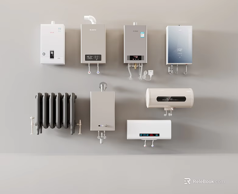 Various Home Appliances Displayed On Gray Wall 3d model 