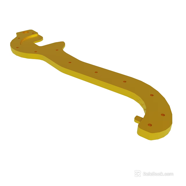 Golden Metal Mechanical Part With Curved Shape And Multiple Holes Design 3d model 