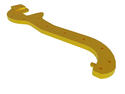 Golden Metal Mechanical Part With Curved Shape And Multiple Holes Design 3d model
