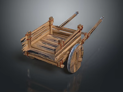 Vintage Traditional Wooden Cart With Wooden Wheels And Metal Bindings Structure 3d model