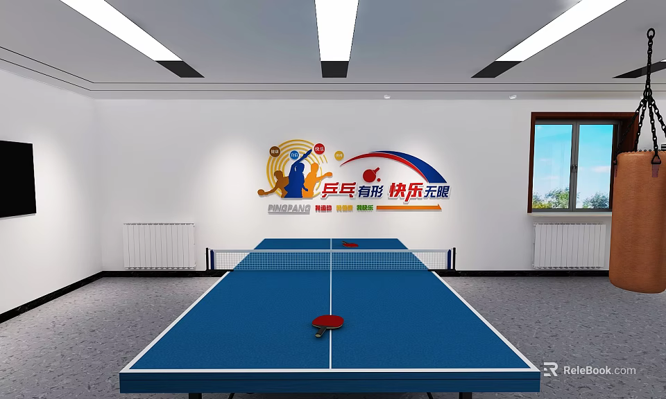 Bright Table Tennis Court With Racket And Ball For Happy Sports Fitness Training Room 3d model 