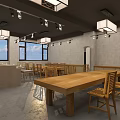 School Dining Area With Long Wooden Tables And Wooden Chairs In Open Space