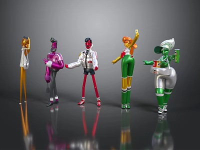 Colorful Dolls With Different Styles And Various Poses Standing On Reflective Surface 3d model