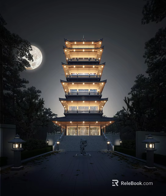 Traditional Chinese Pagoda At Night With Moon And Trees 3d model 