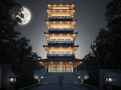 Traditional Chinese Pagoda At Night With Moon And Trees 3d model