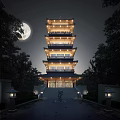 Traditional Chinese Pagoda At Night With Moon And Trees