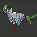 Two Vibrant Hummingbirds Flying Around Blooming Pink Flowers On Dark Background