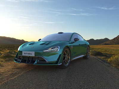 Green Sports Car Front View on Open Road with Mountain Landscape and Sunset Sky 3d model