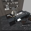 Modern Office Interior With Wooden Desk Ergonomic Chair Shelves Books Lamp And Laptop