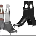 Two Metal Playground Slides With Red Gray Design And Circular Openings