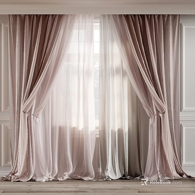 Elegant Soft Velvet Curtains With Sheer Layer For Modern Window Interior Design 3d model 