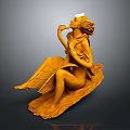 Golden Winged Female Mythical Sculpture Playing Harp Artwork