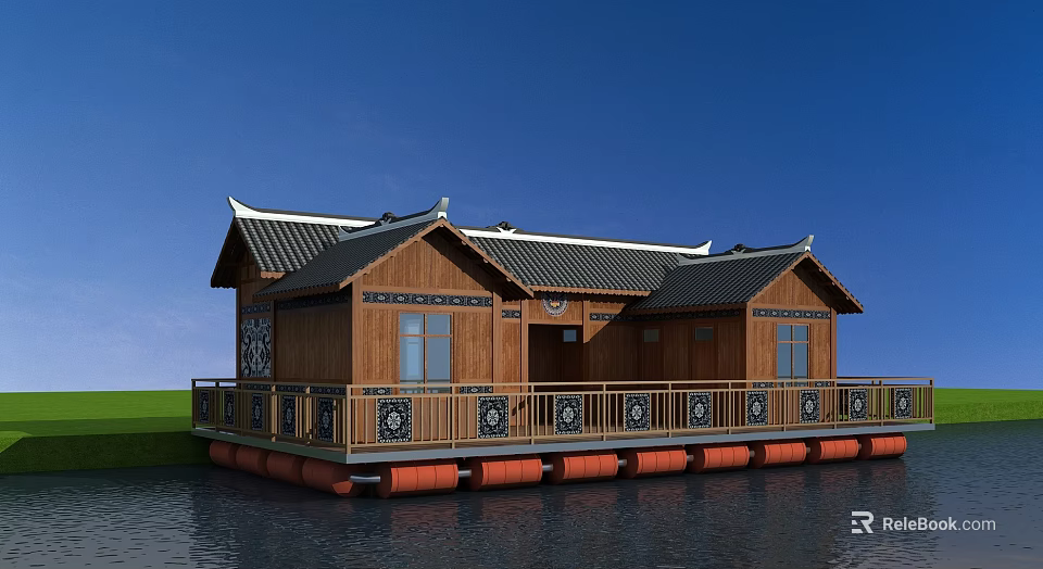 Chinese Style Wooden House with Traditional Roof on Water Featuring Red Buoys and Decorative Railings 3d model 