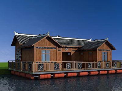 Chinese Style Wooden House with Traditional Roof on Water Featuring Red Buoys and Decorative Railings 3d model